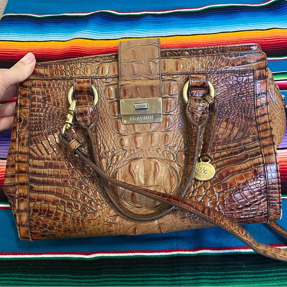 Brahmin Cognac Croc-Embossed Leather Satchel with Gold Hardware